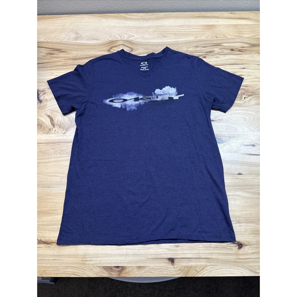 Oakley V-Neck Short Sleeve Regular Fit Logo T-Shirt Dark Blue Yellow Size Large